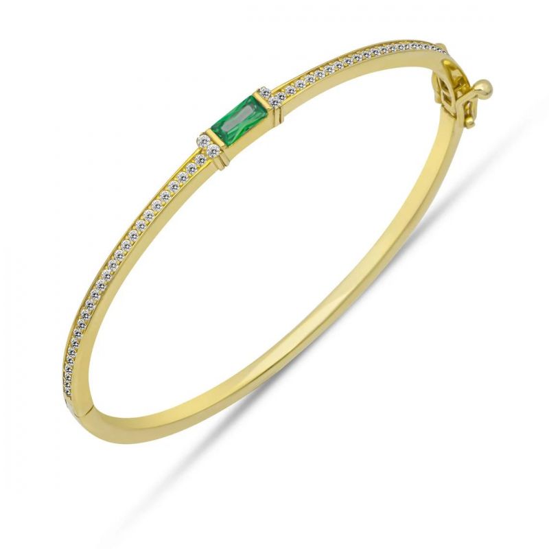 Golden Emerald & White Sapphire Baguette & Round Cut Bangle Bracelet For Women