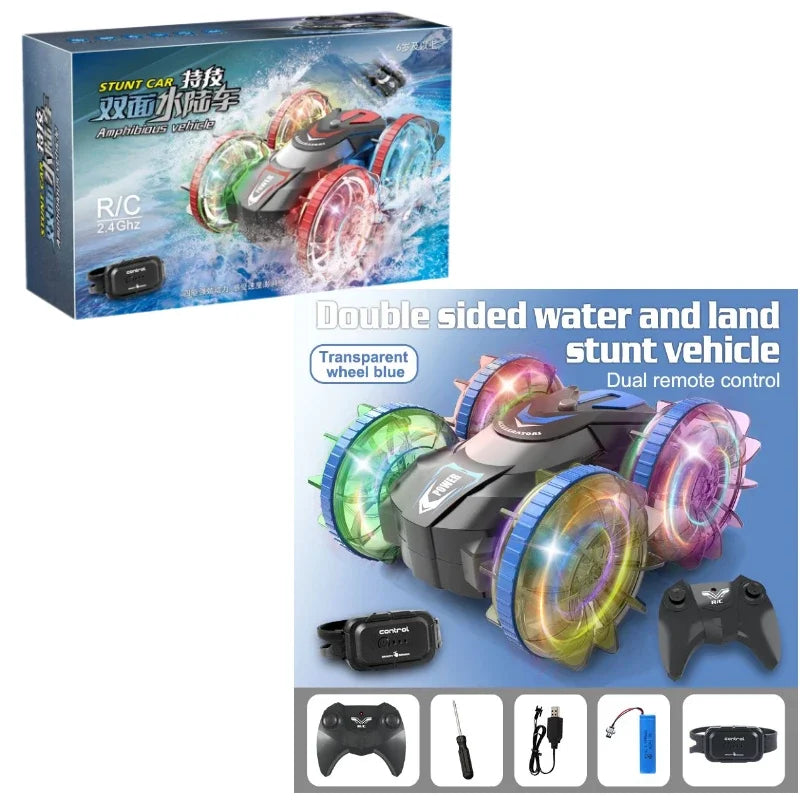 Rc Cars Double Sided Dual 4WD Remote Control Stunt Car Light Wheel Watch Gravity Sensing Amphibious Car Toy Gifts for Children