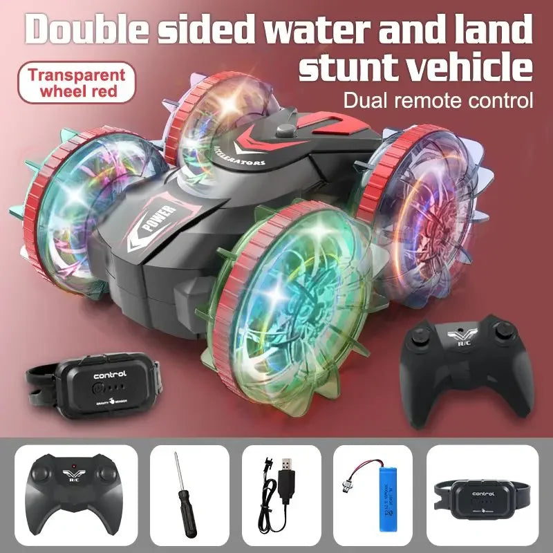 Rc Cars Double Sided Dual 4WD Remote Control Stunt Car Light Wheel Watch Gravity Sensing Amphibious Car Toy Gifts for Children