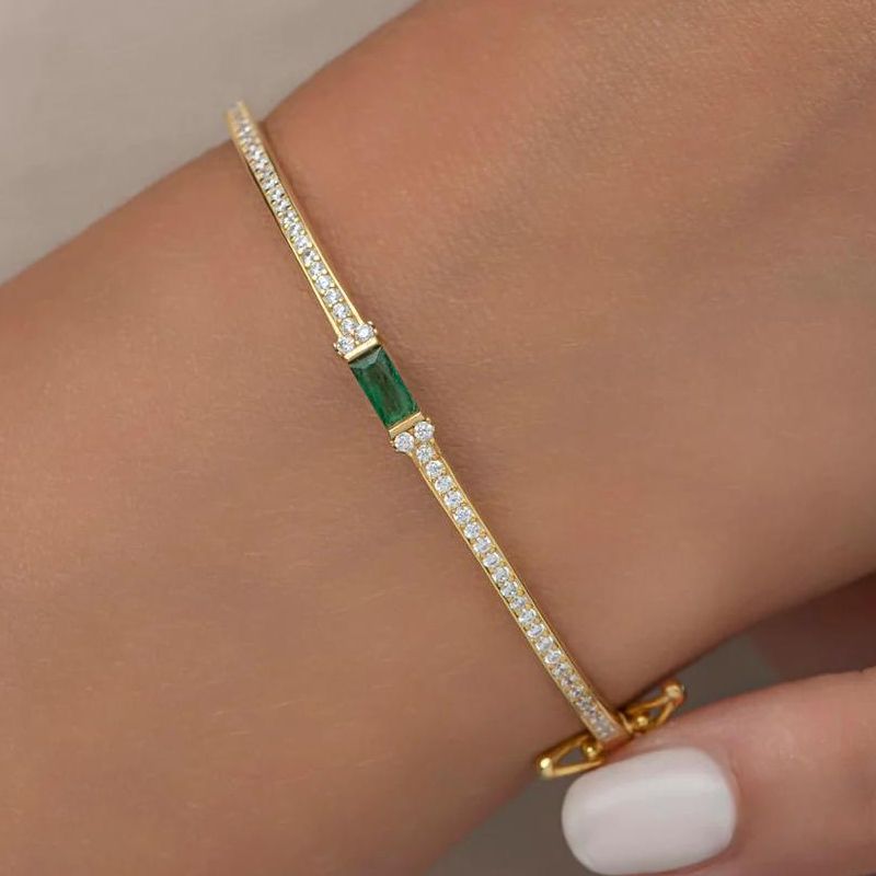 Golden Emerald & White Sapphire Baguette & Round Cut Bangle Bracelet For Women