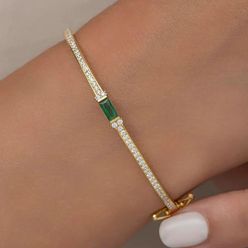 Golden Emerald & White Sapphire Baguette & Round Cut Bangle Bracelet For Women