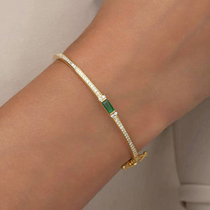 Golden Emerald & White Sapphire Baguette & Round Cut Bangle Bracelet For Women