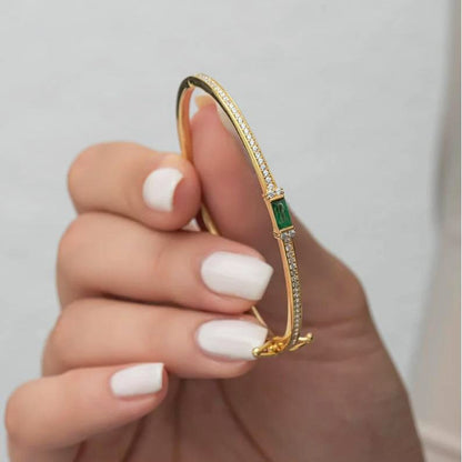 Golden Emerald & White Sapphire Baguette & Round Cut Bangle Bracelet For Women