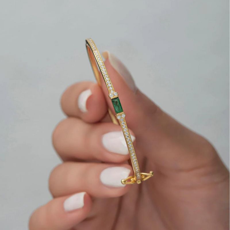 Golden Emerald & White Sapphire Baguette & Round Cut Bangle Bracelet For Women