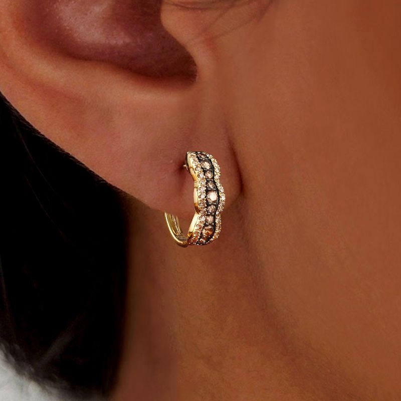 Multi-Row Pavé Brown Sapphire Round Cut Huggie Earrings For Women