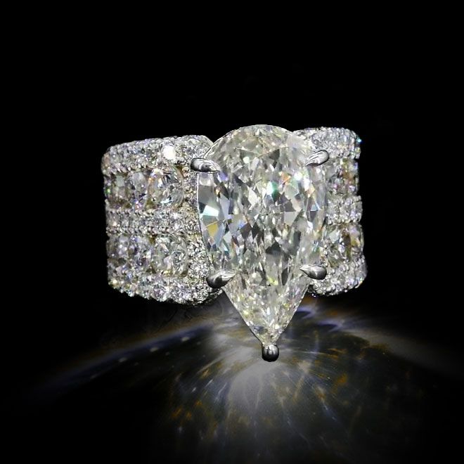 Multi Row Pave Solitaire Pear Cut White Sapphire Engagement Ring