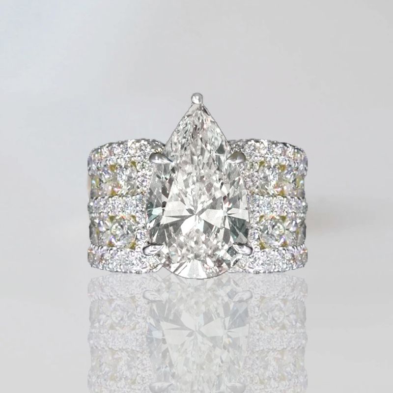 Multi Row Pave Solitaire Pear Cut White Sapphire Engagement Ring