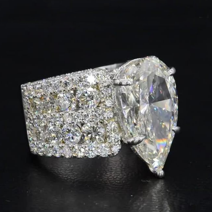 Multi Row Pave Solitaire Pear Cut White Sapphire Engagement Ring