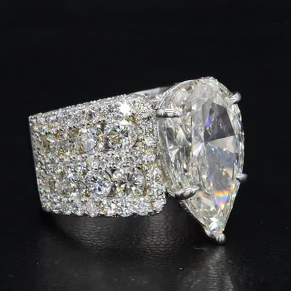 Multi Row Pave Solitaire Pear Cut White Sapphire Engagement Ring