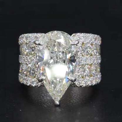 Multi Row Pave Solitaire Pear Cut White Sapphire Engagement Ring