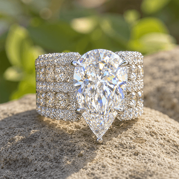 Multi Row Pave Solitaire Pear Cut White Sapphire Engagement Ring